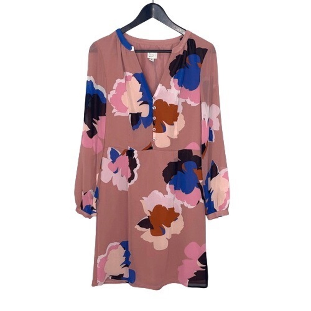A New Day Floral Mini Dress Womens S Pink Blue Long Sleeve V-Neck Boho Mod Retro